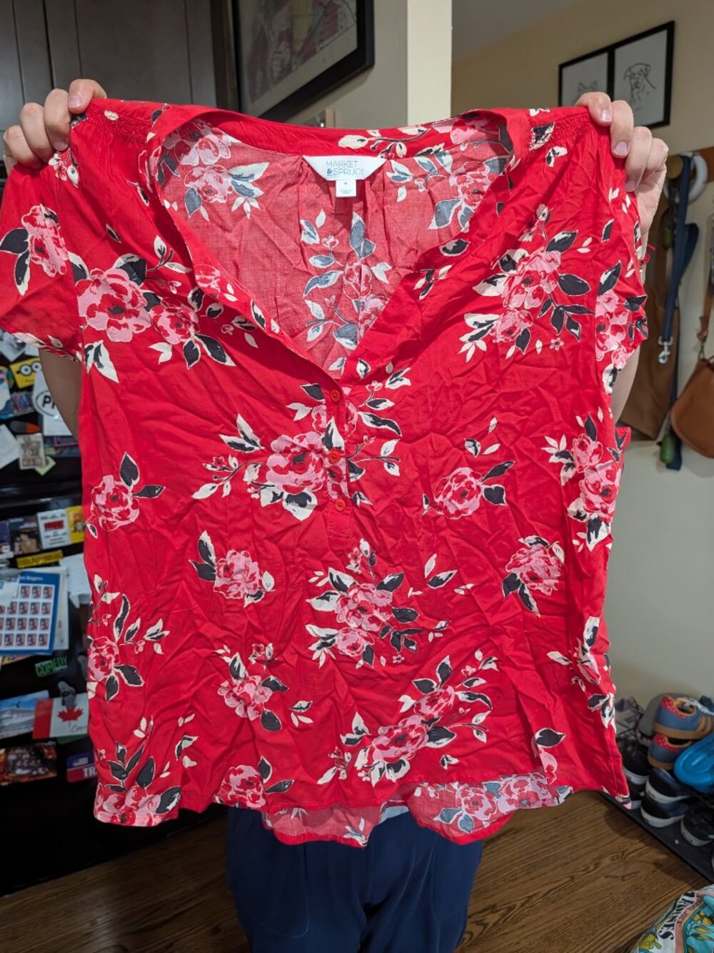 Market & Spruce Red Floral Short Sleeve Henley Blouse XL